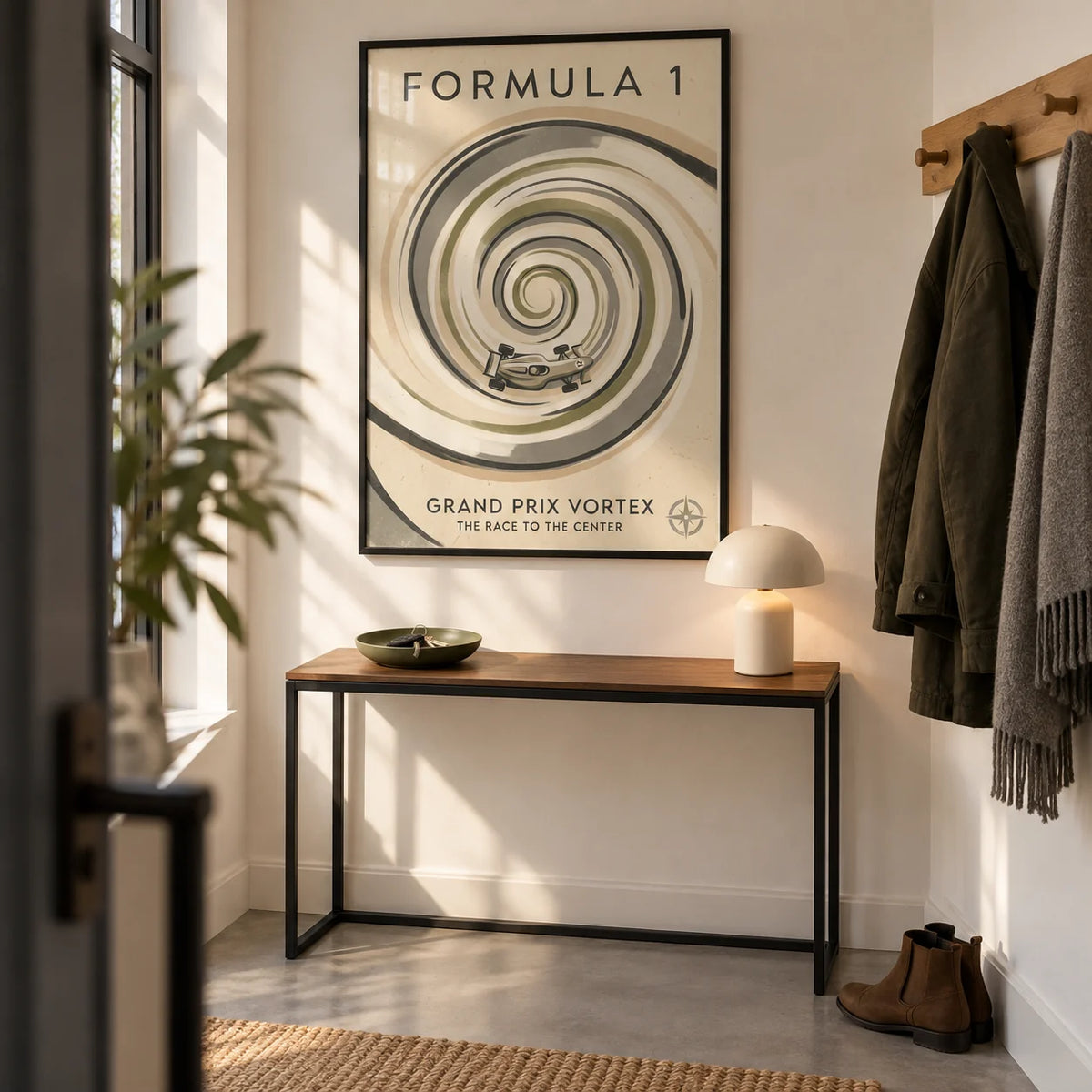 Vortex Race Track Poster, framed on the wall of a crisp entrance hallway in a motorsport enthusiast's UK city flat