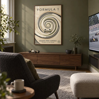 Vortex Race Track Poster, framed on the wall of a dedicated race-watching snug in a UK terraced house in a living room
