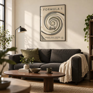 Vortex Race Track Poster, framed on the wall of a design-led living room in a first UK flat (22-28)