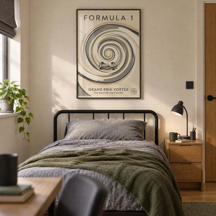 Vortex Race Track Poster, framed on the wall of a modern motorsport-loving teenager's single bedroom (13-17) in a UK family home