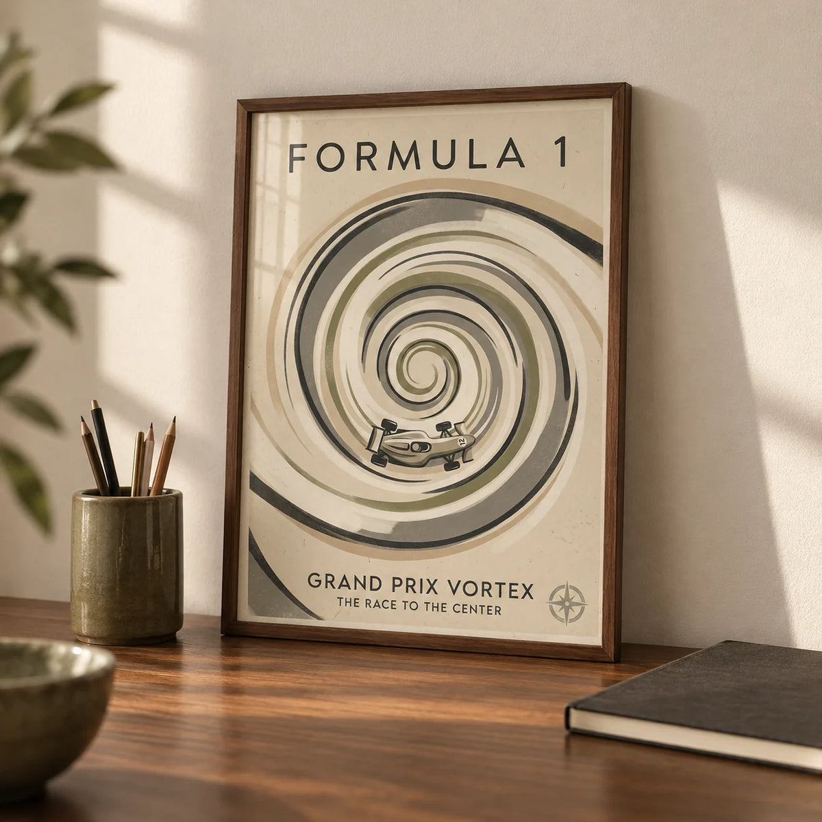 Vortex Race Track Poster, a small A4 framed print leaning on a walnut desk