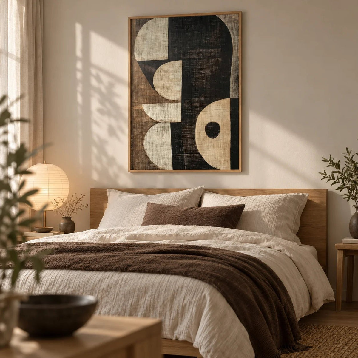 Wabi Sabi Art Prints, framed on the wall of a calm neutral bedroom