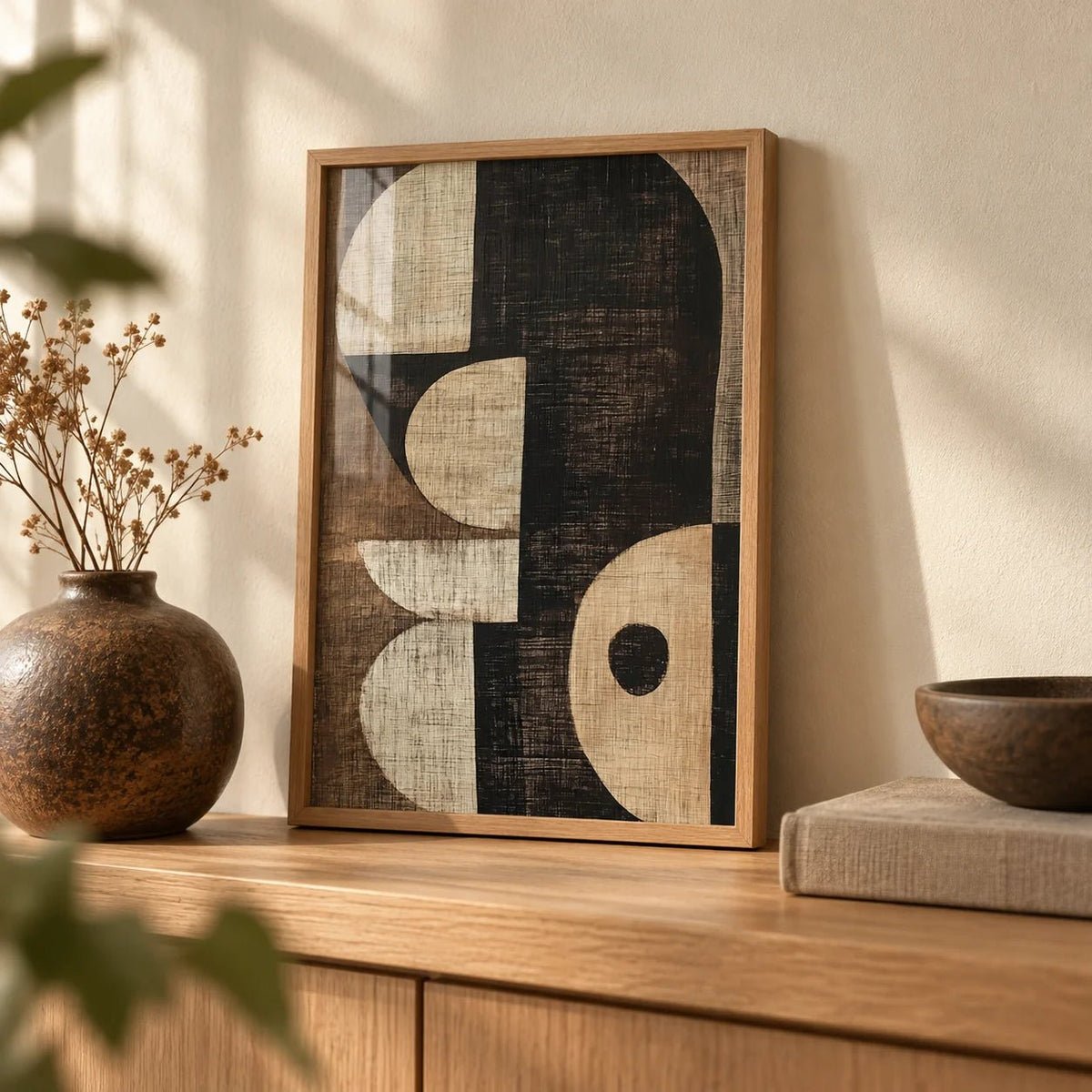 Wabi Sabi Art Prints, a small A4 framed print leaning on an oak shelf in a living room