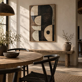 Wabi Sabi Art Prints, framed on the wall of a wabi-sabi dining room
