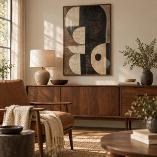 Wabi Sabi Art Prints, framed on the wall of a warm mid-century living room