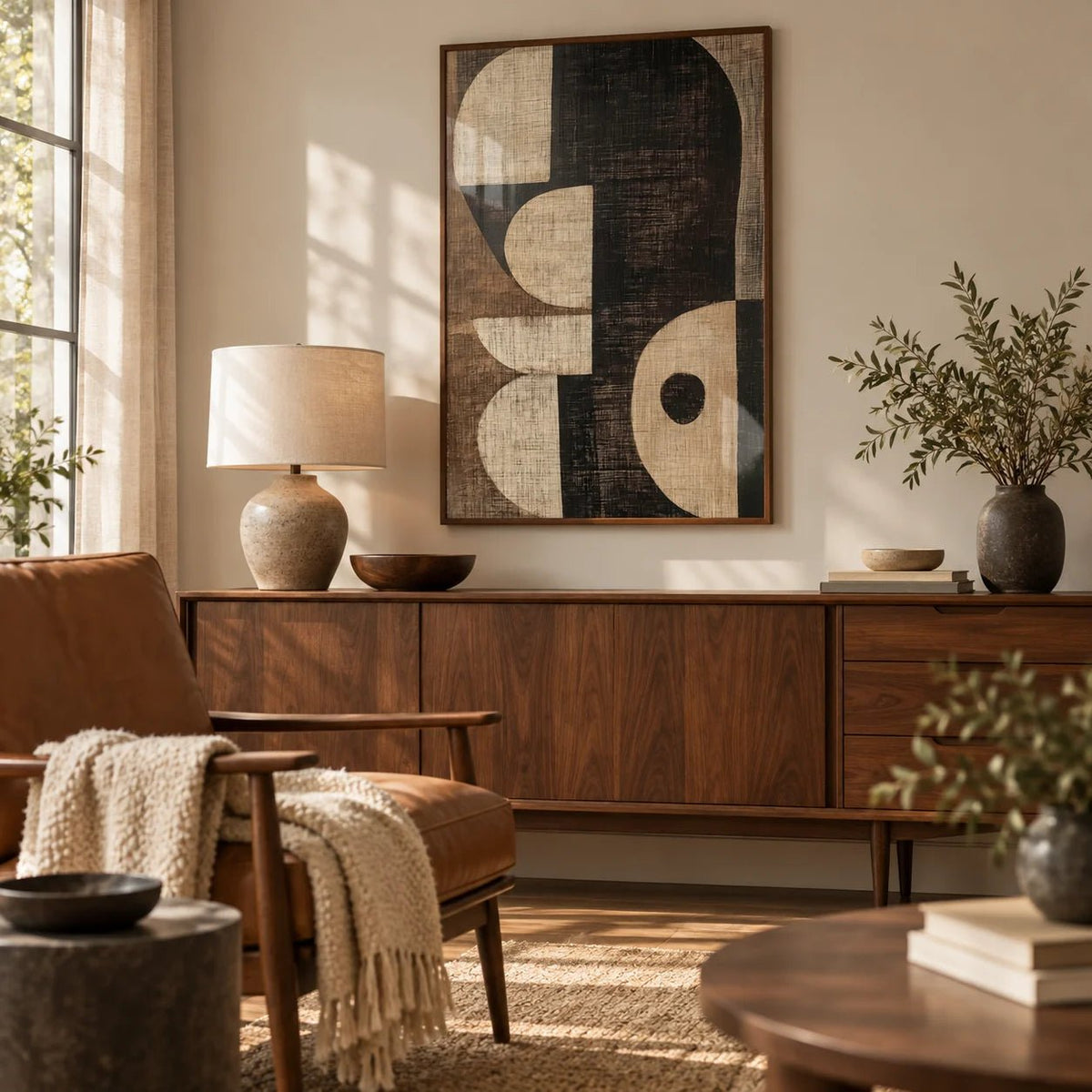 Wabi Sabi Art Prints, framed on the wall of a warm mid-century living room