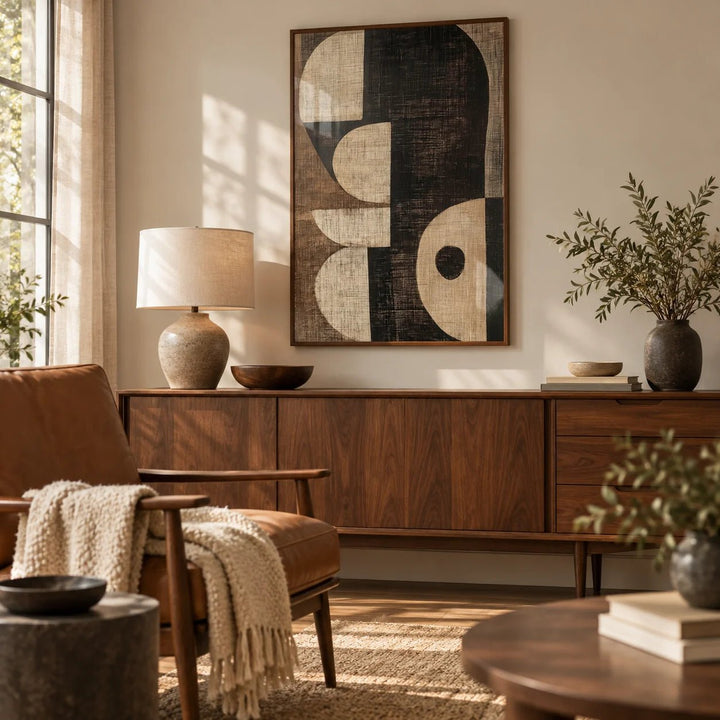 Wabi Sabi Art Prints, framed on the wall of a warm mid-century living room