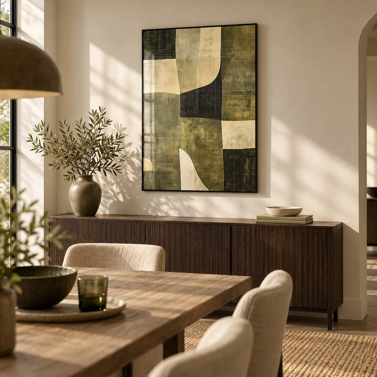 Wabi Sabi Green, framed on the wall of a calm dining room