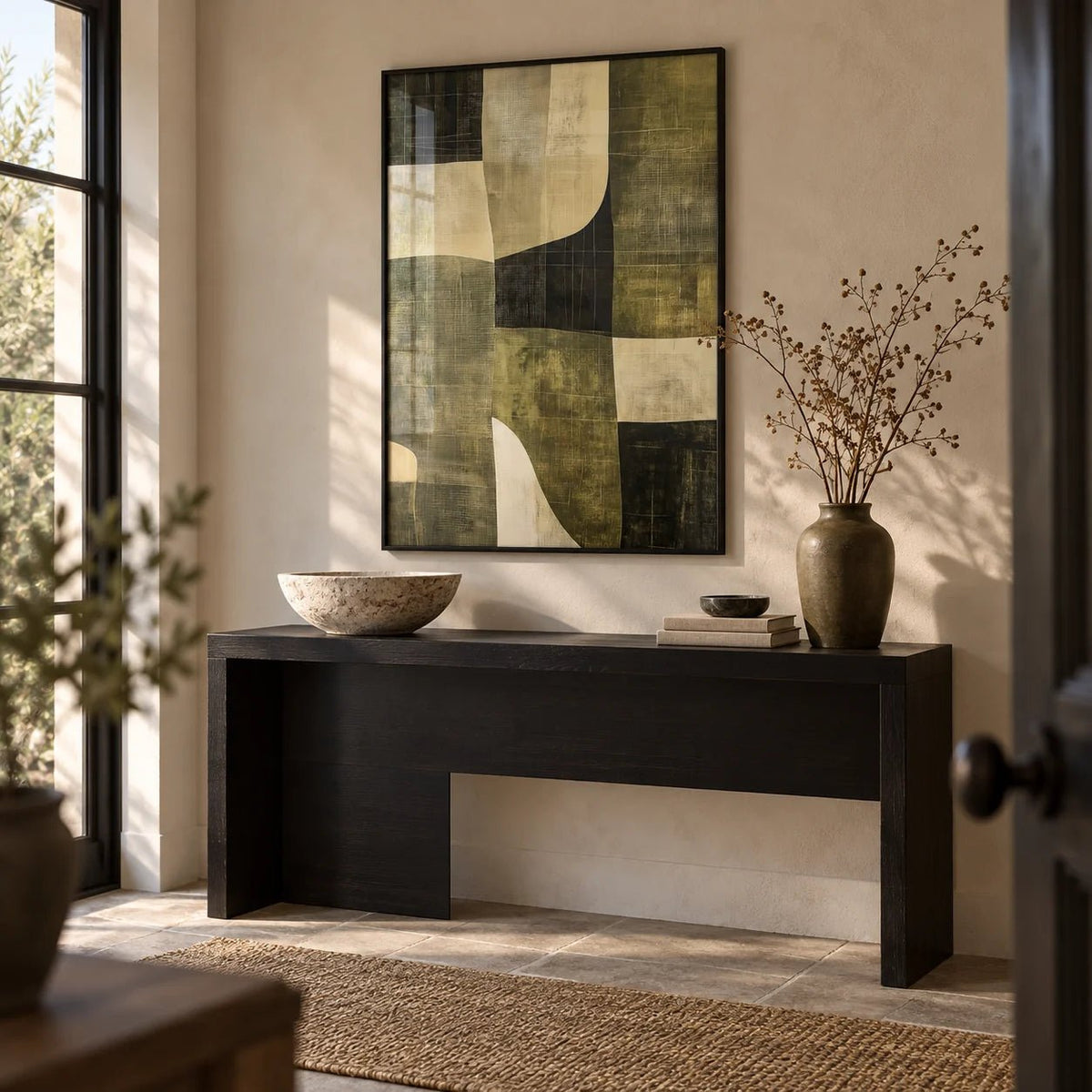 Wabi Sabi Green, framed on the wall of a calm entryway