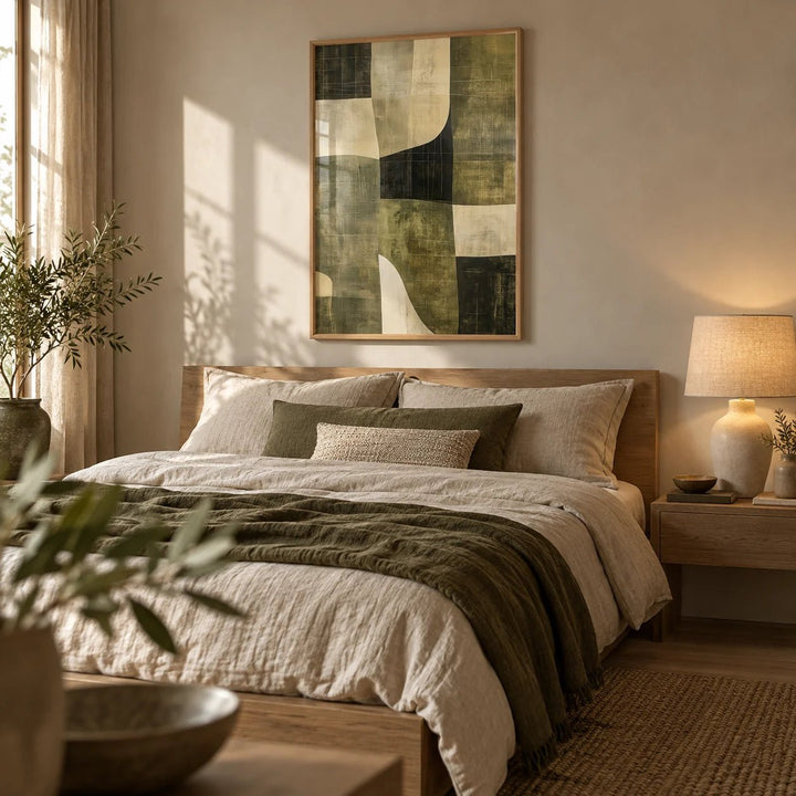 Wabi Sabi Green, framed on the wall of a earthy bedroom