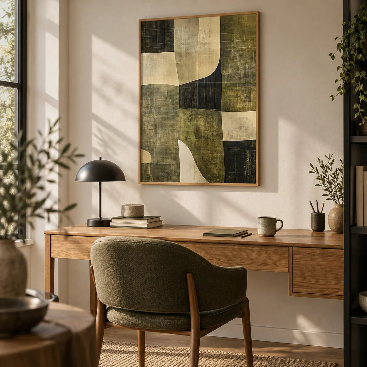 Wabi Sabi Green, framed on the wall of a quiet home office
