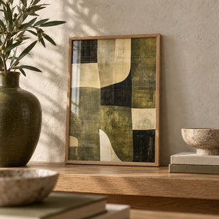 Wabi Sabi Green, a small A4 framed print leaning on an oak shelf in a living room