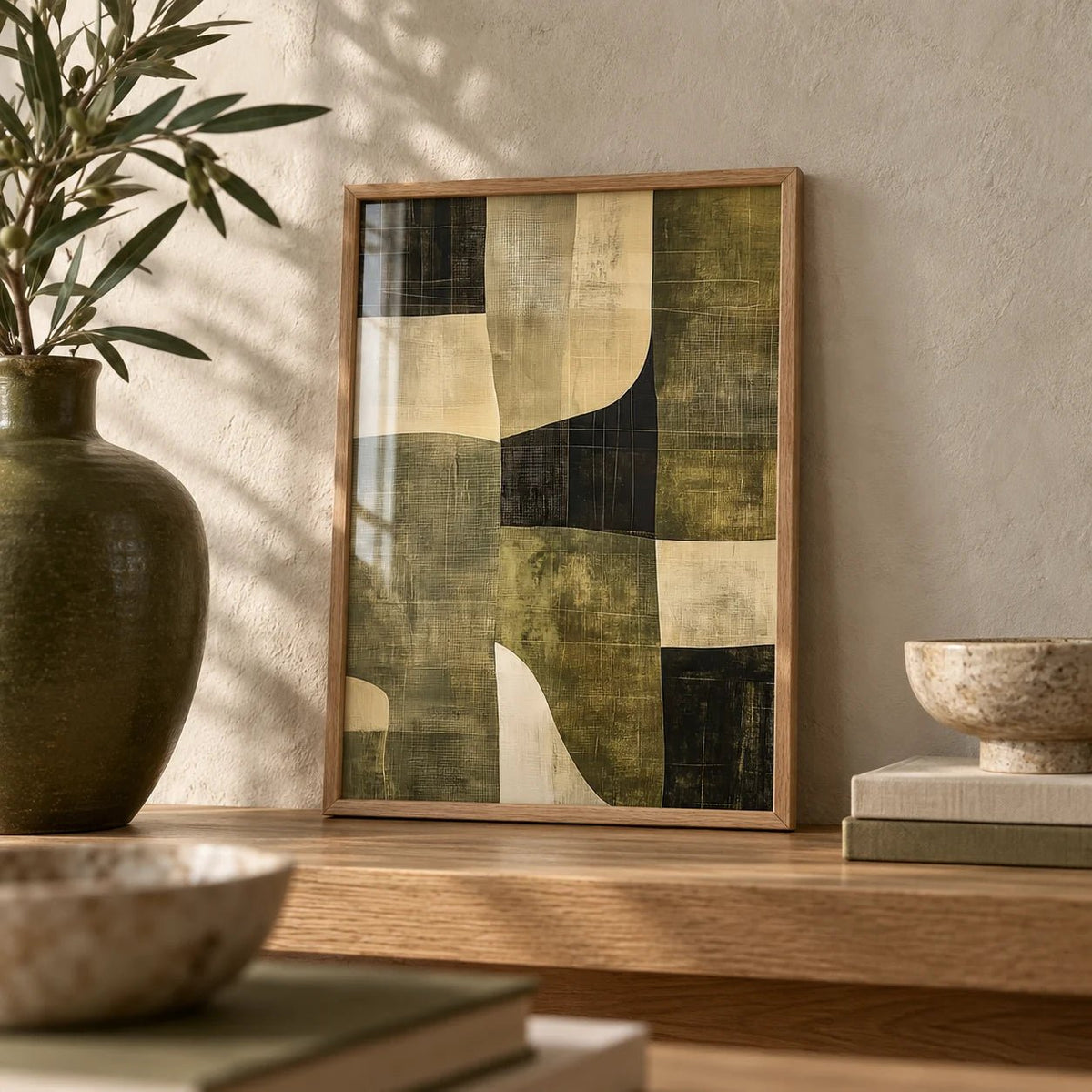 Wabi Sabi Green, a small A4 framed print leaning on an oak shelf in a living room