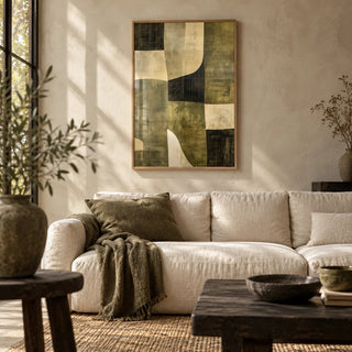 Wabi Sabi Green, framed on the wall of a wabi-sabi living room