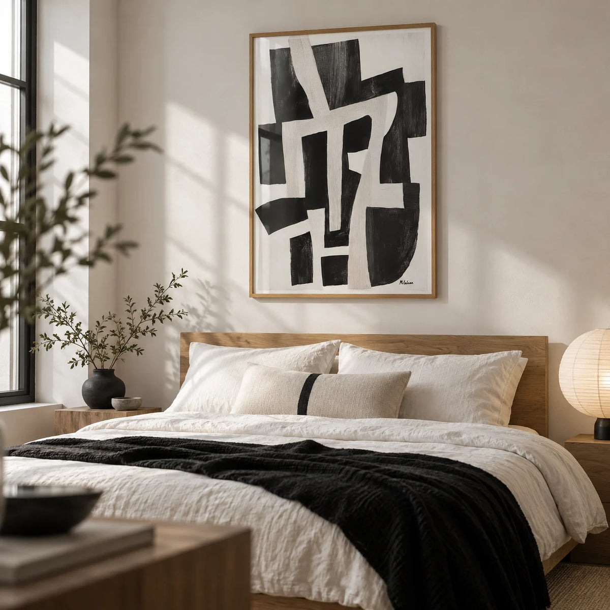 Wabi Sabi Home Decor, framed on the wall of a calm monochrome bedroom
