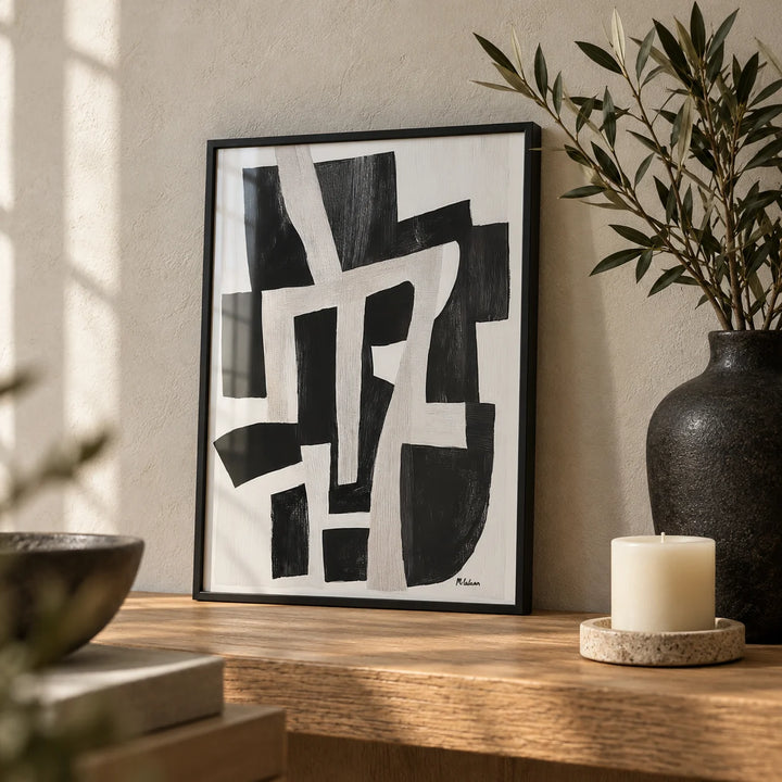 Wabi Sabi Home Decor, a small A4 framed print leaning on an oak shelf in a living room