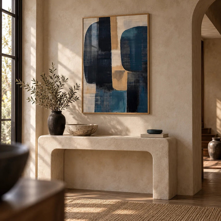 Wabi Sabi Painting, framed on the wall of a calm hallway with a limewashed wall