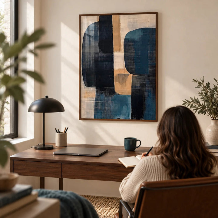 Wabi Sabi Painting, framed on the wall of a calm home office with a warm white wall