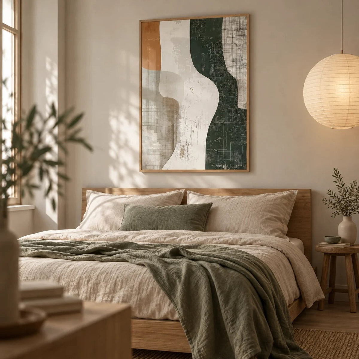 Wabi Sabi Print, framed on the wall of a calm bedroom