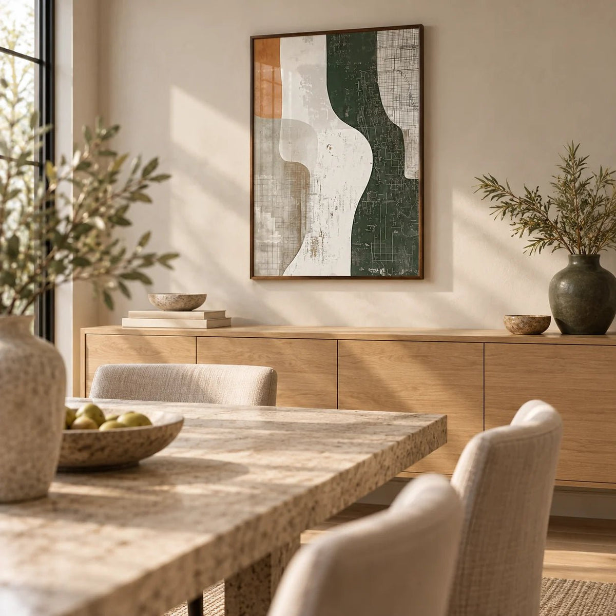 Wabi Sabi Print, framed on the wall of a calm dining room