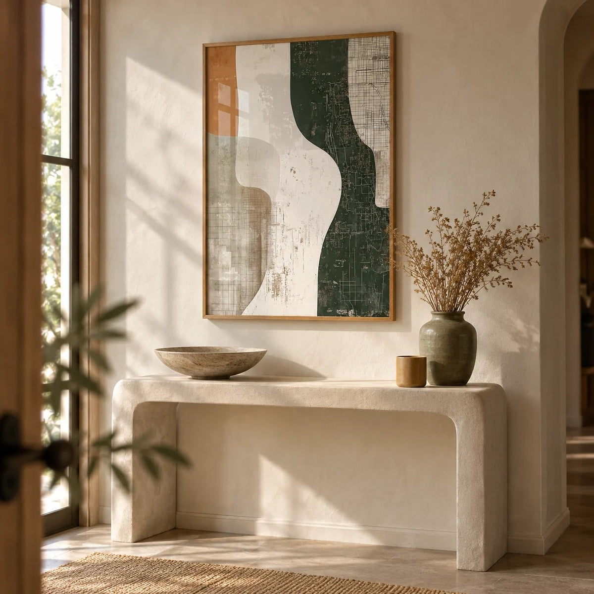 Wabi Sabi Print, framed on the wall of a calm entryway