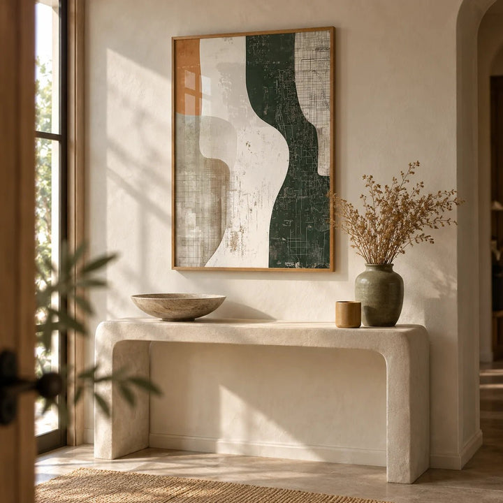 Wabi Sabi Print, framed on the wall of a calm entryway