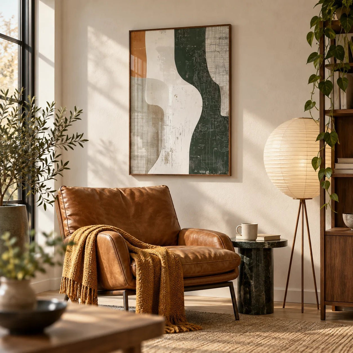 Wabi Sabi Print, framed on the wall of a reading corner in a living room