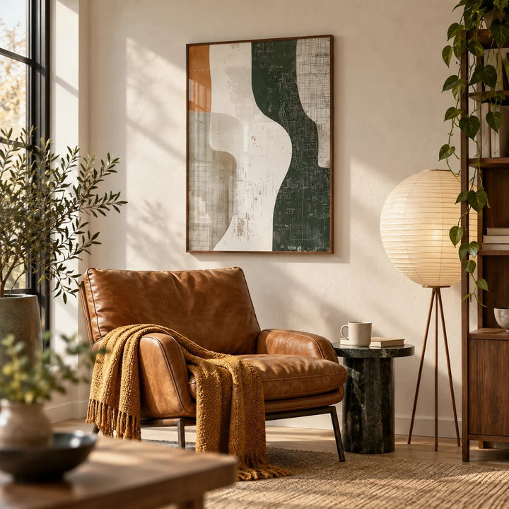Wabi Sabi Print, framed on the wall of a reading corner in a living room