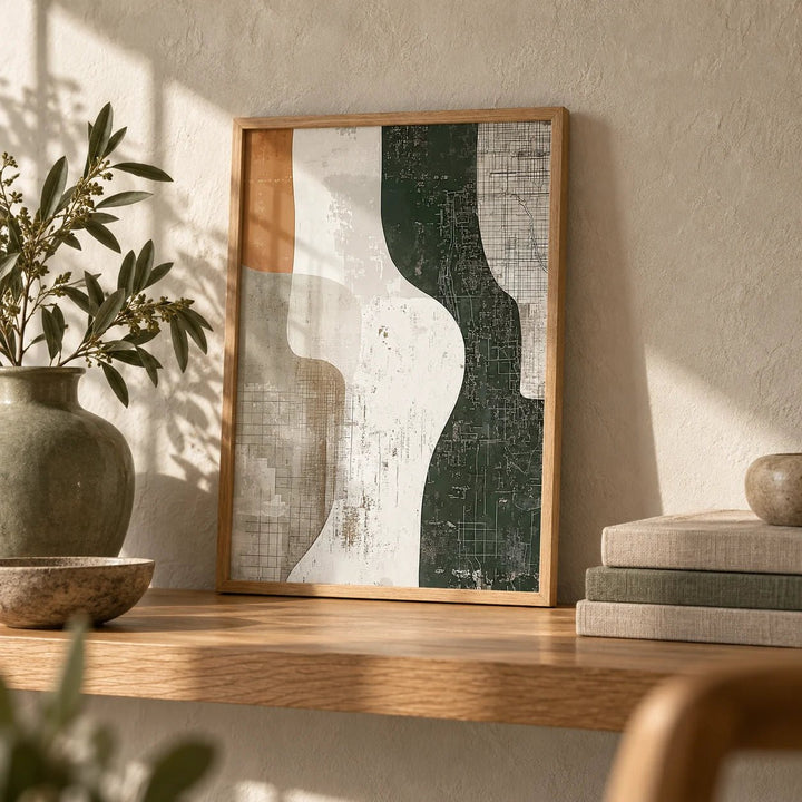 Wabi Sabi Print, a small A4 framed print leaning on an oak shelf in a living room