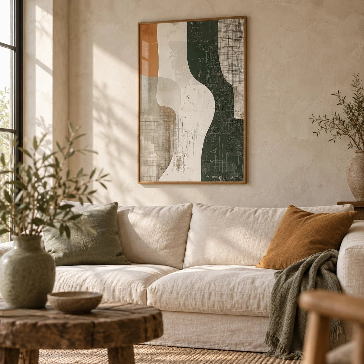 Wabi Sabi Print, framed on the wall of a wabi-sabi living room