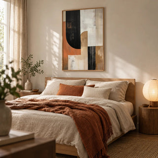 Wabi Sabi Wall Art, framed on the wall of a calm bedroom