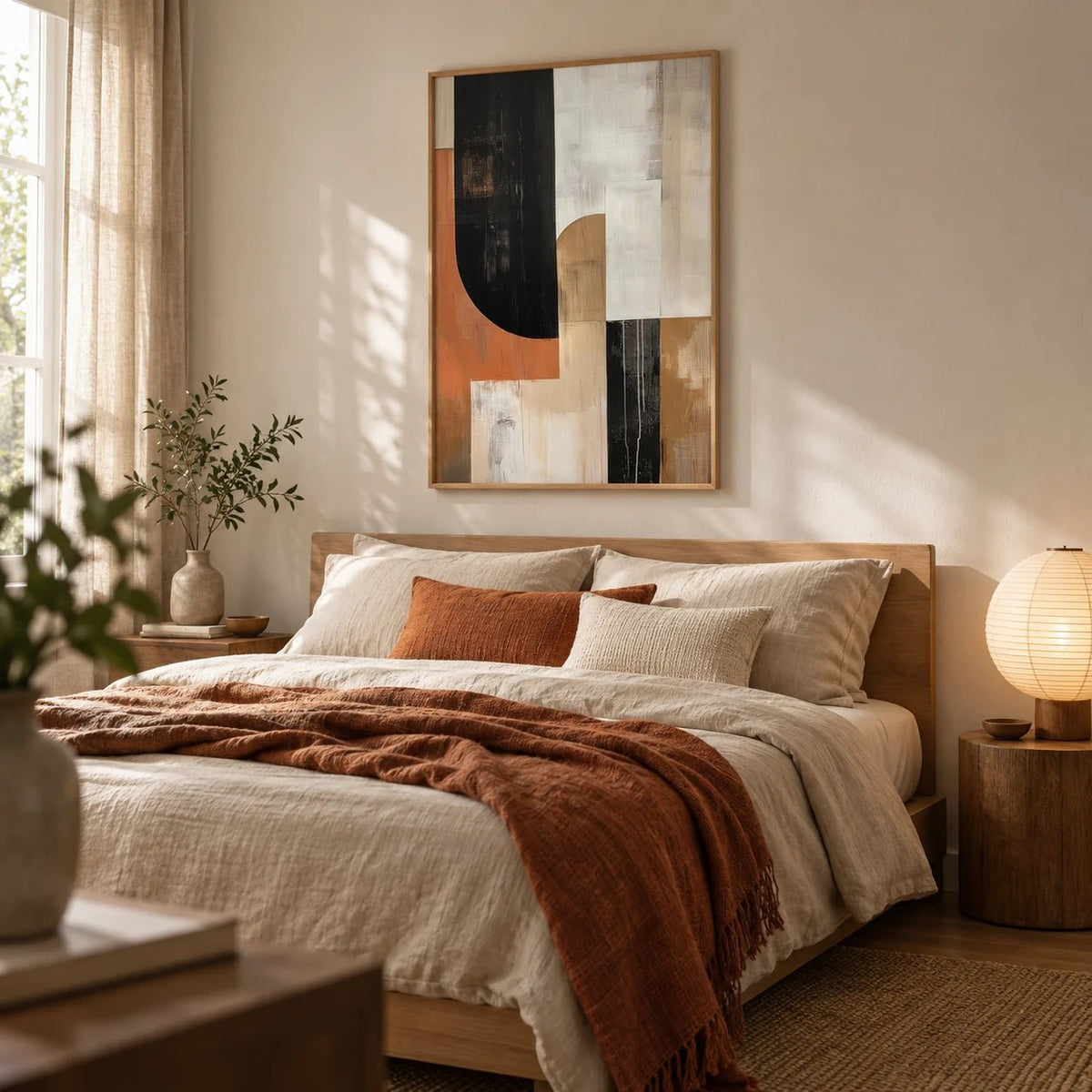 Wabi Sabi Wall Art, framed on the wall of a calm bedroom