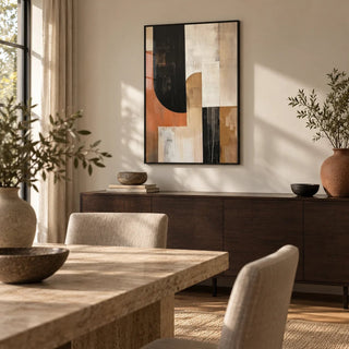 Wabi Sabi Wall Art, framed on the wall of a calm dining room