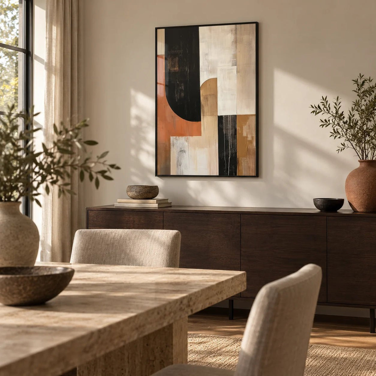 Wabi Sabi Wall Art, framed on the wall of a calm dining room