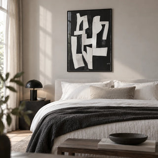 Wabi Sabi Wall Art for Living Room, framed on the wall of a crisp modern bedroom