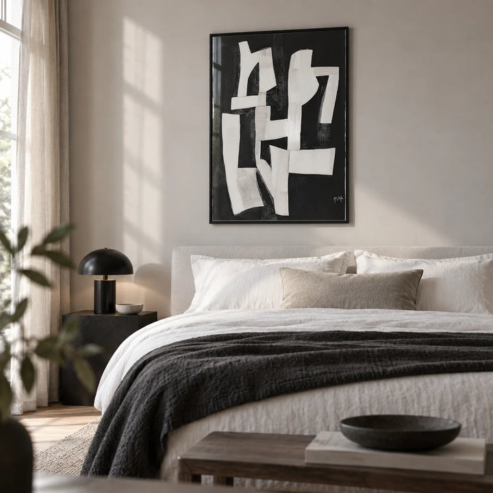 Wabi Sabi Wall Art for Living Room, framed on the wall of a crisp modern bedroom