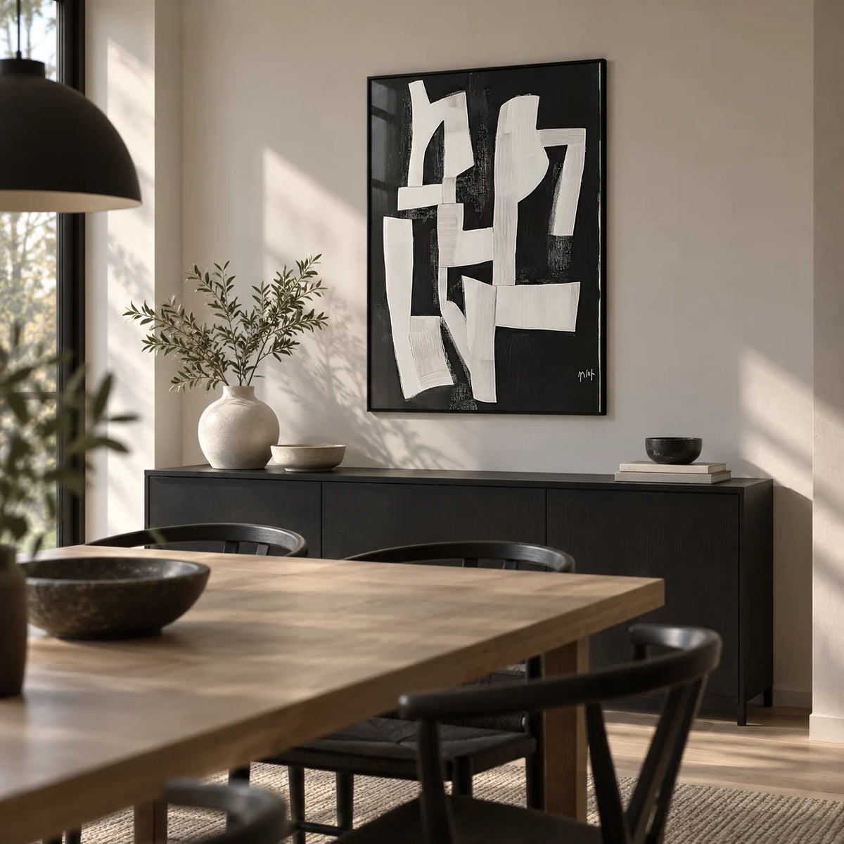 Wabi Sabi Wall Art for Living Room, framed on the wall of a modern dining room