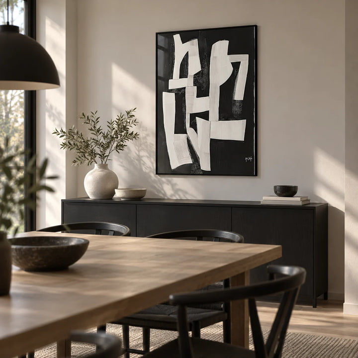 Wabi Sabi Wall Art for Living Room, framed on the wall of a modern dining room