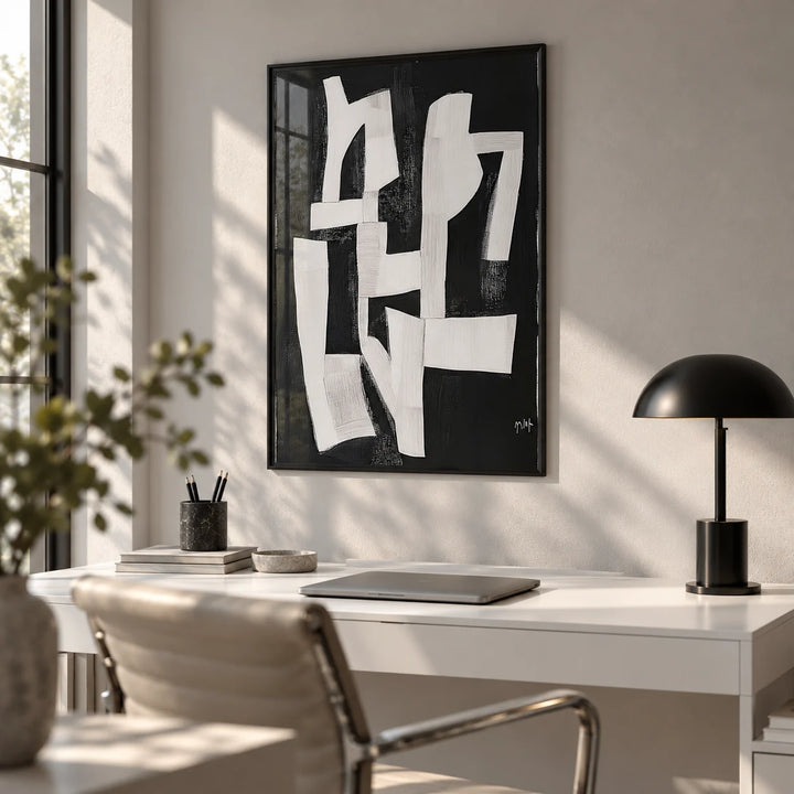Wabi Sabi Wall Art for Living Room, framed on the wall of a modern home office
