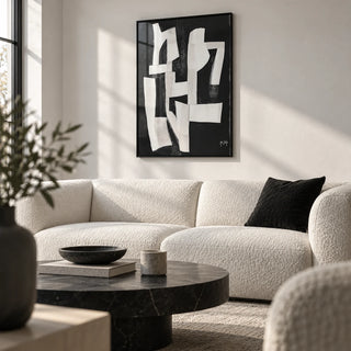 Wabi Sabi Wall Art for Living Room, framed on the wall of a modern monochrome living room