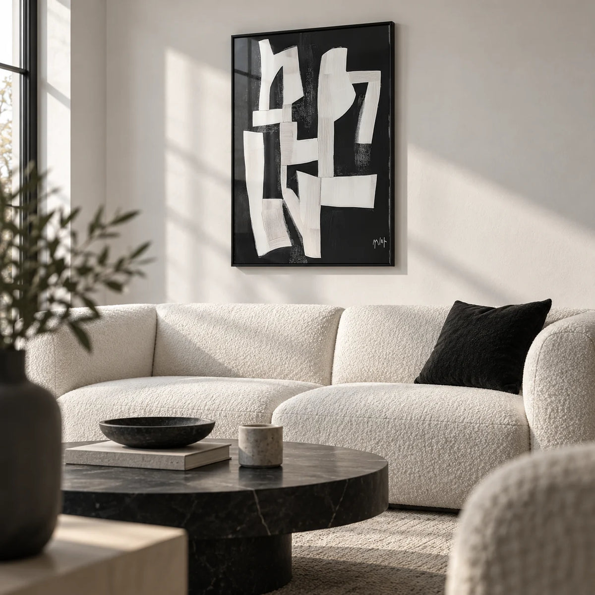 Wabi Sabi Wall Art for Living Room, framed on the wall of a modern monochrome living room