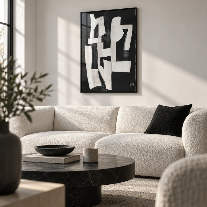 Wabi Sabi Wall Art for Living Room, framed on the wall of a modern monochrome living room