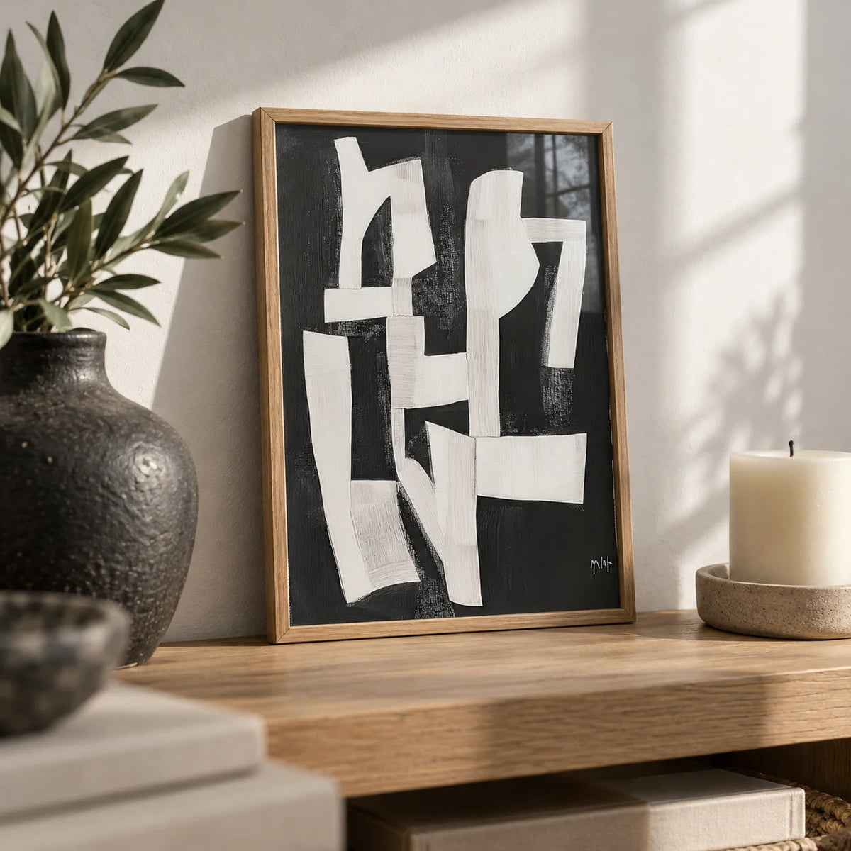 Wabi Sabi Wall Art for Living Room, a small A4 framed print leaning on an oak shelf