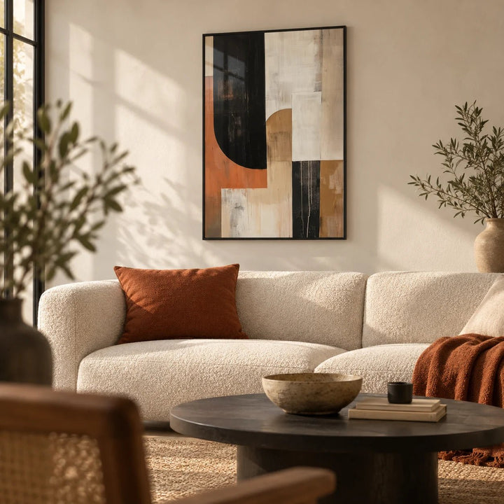 Wabi Sabi Wall Art, framed on the wall of a modern earthy living room