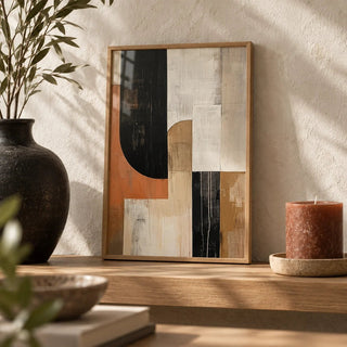 Wabi Sabi Wall Art, a small A4 framed print leaning on an oak shelf in a living room