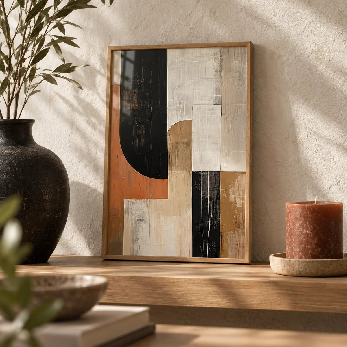 Wabi Sabi Wall Art, a small A4 framed print leaning on an oak shelf in a living room