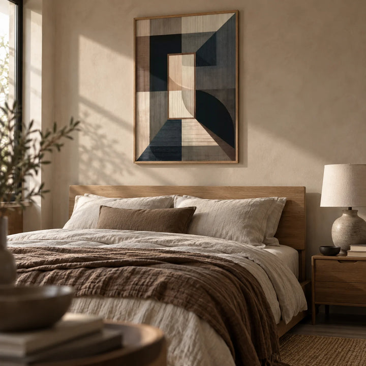 Wabisabi Art Print, framed on the wall of a calm bedroom with a taupe limewashed wall
