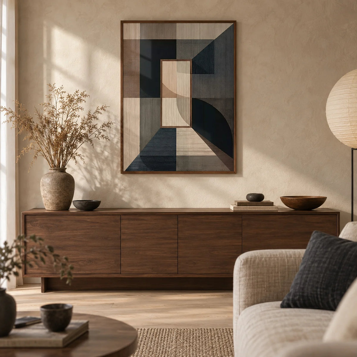 Wabisabi Art Print, framed on the wall of a calm Japandi living room with a warm limewashed wall and a pale oak floor
