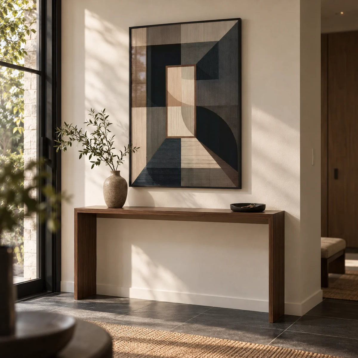 Wabisabi Art Print, framed on the wall of a quiet entrance hall with a warm white wall and dark slate floor tiles