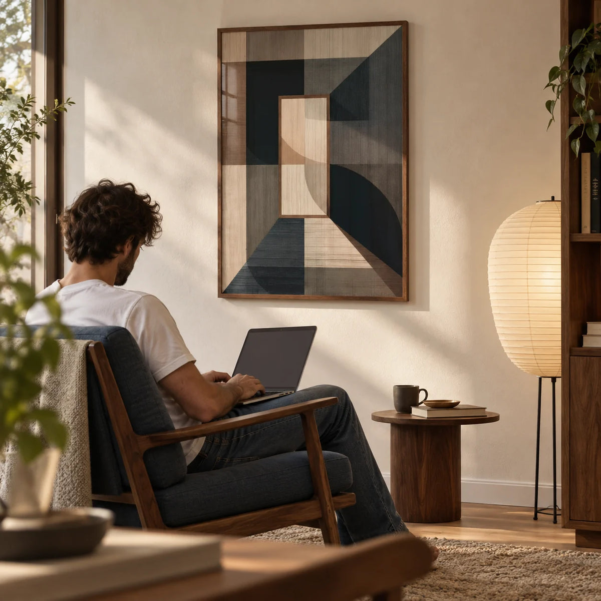 Wabisabi Art Print, framed on the wall of a reading corner in an organic-modern flat with a warm white plaster wall in a living room